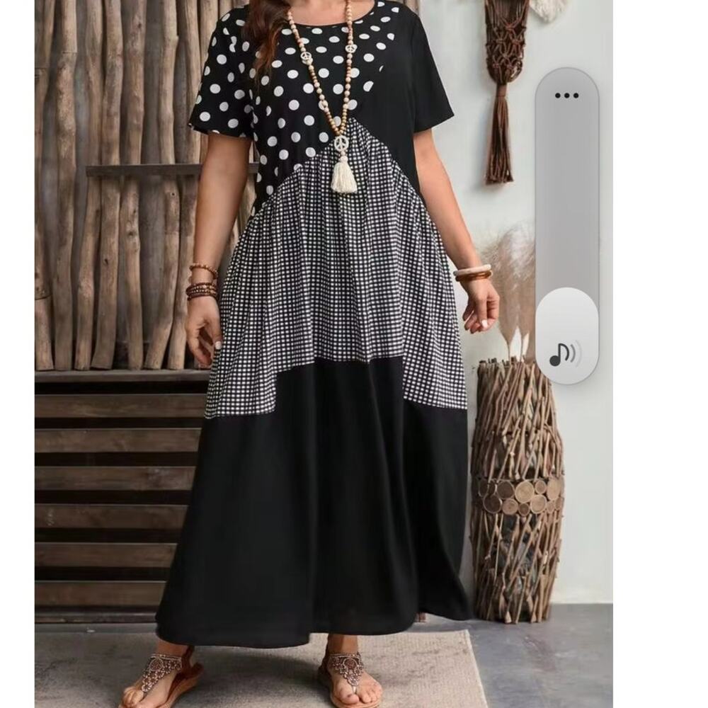 New Emery Rose Maxi Dress 1XL Plus Black White Polka Dot Gingham Patchwork Artsy - Picture 2 of 11